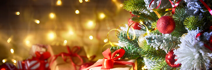 Stylish rustic holiday background with christmas tree