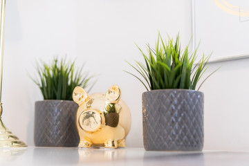 golden piggy bank on a table with plants in pots