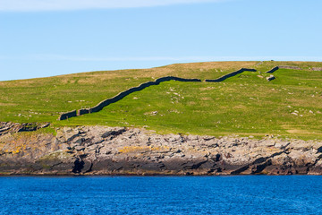Island in Shetland with a stone wall at the moor