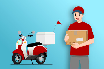 Delivery man stand and holding a goods parcel in front of a delivery motorbike that going to fast express, deliver food or product to customer with city in the background.