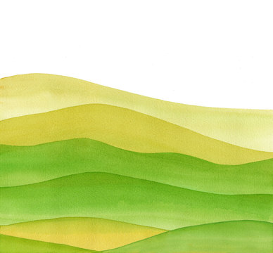 Abstract Green Field,  Yellow Watercolor Waves Hills On White Background 