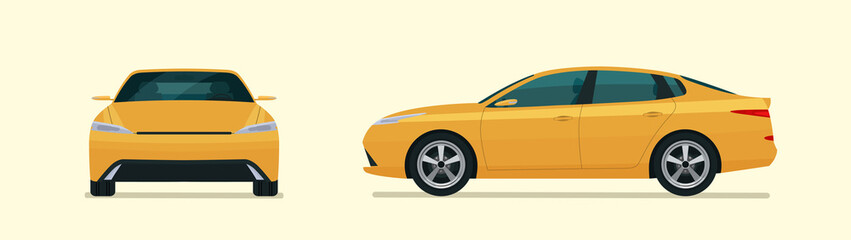 Obraz na płótnie Canvas Sedan car two angle set. Car side and front view. Vector flat illustration.
