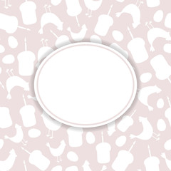 Easter greeting card with white frame. Square banner with silhouette Easter cakes, chicken and eggs white on a beige background. Place for your text. Vector template Greeting card.