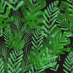 Seamless pattern of tropical leaves on black background. Palm leaves, fern, monstera hand drawing. Exotic tropic print. Packaging, wallpaper, textile, fabric design