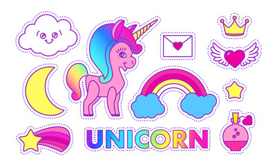 Unicorn sticker set. Cute children collection with cloud, stars, wings, heart, speach bubble, orange, crown, cake, rainbow and magic.