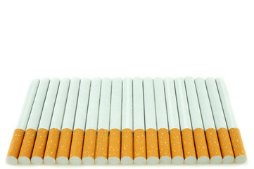 Close up of a cigarette showing on white background