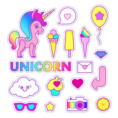 Unicorn sticker set. Cute children collection with cloud, stars, wings, heart, speach bubble, orange, crown, cake, rainbow and magic.