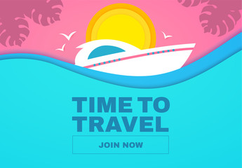 Summer vacation journey. Travel concept. Boat, yacht, sun, palms and sea waves.