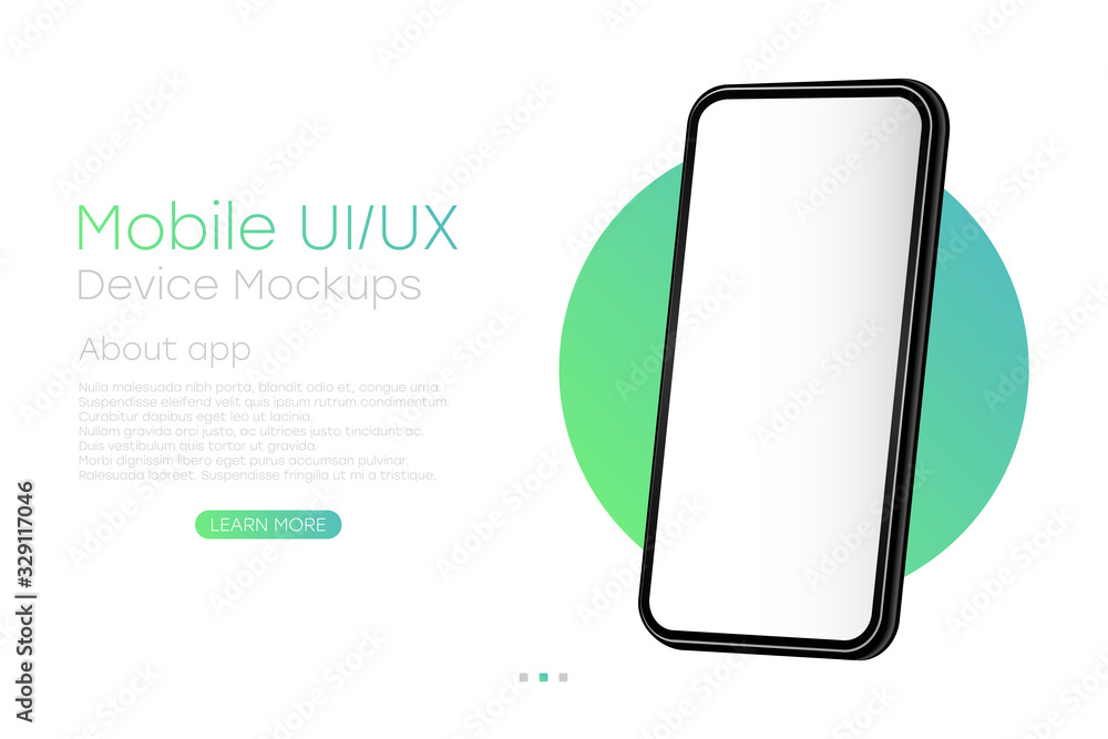 Poster Smartphone with blank screen. Frameless realistic 3d cell phone template for infographics or presentation. UI, UX design with phone for website page. Vector Illustration.