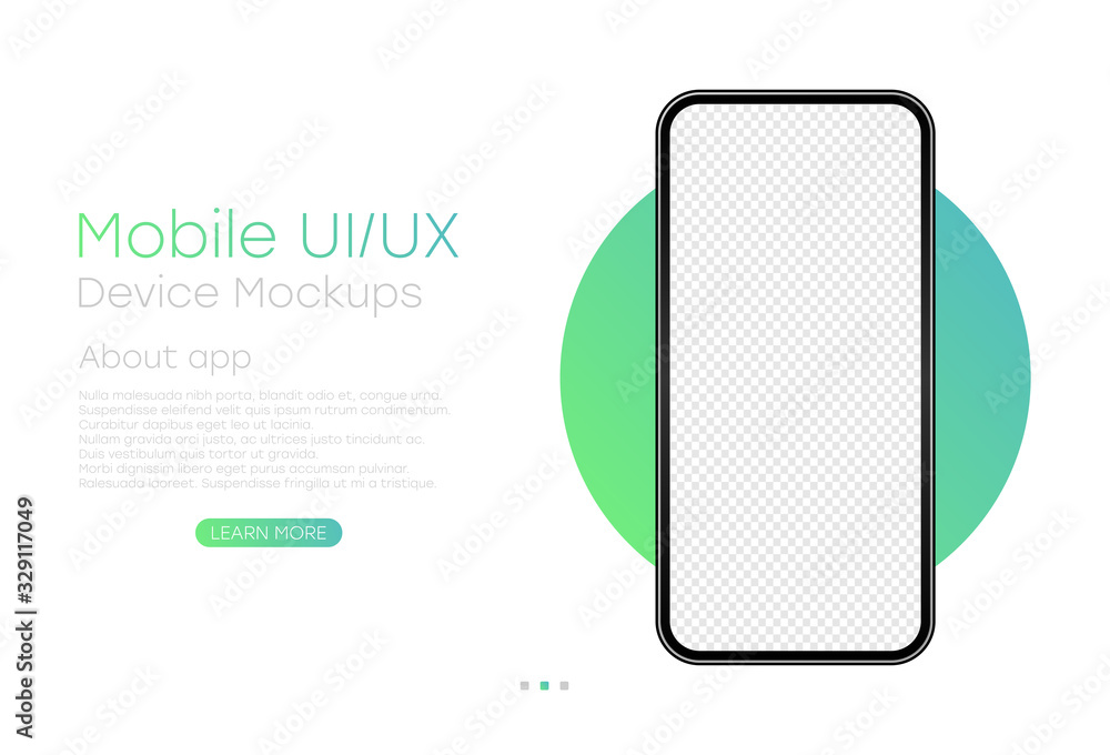 Poster Smartphone with blank transparent screen. Frameless realistic cell phone template for infographics or presentation. UI, UX design with phone for website page. Vector Illustration.