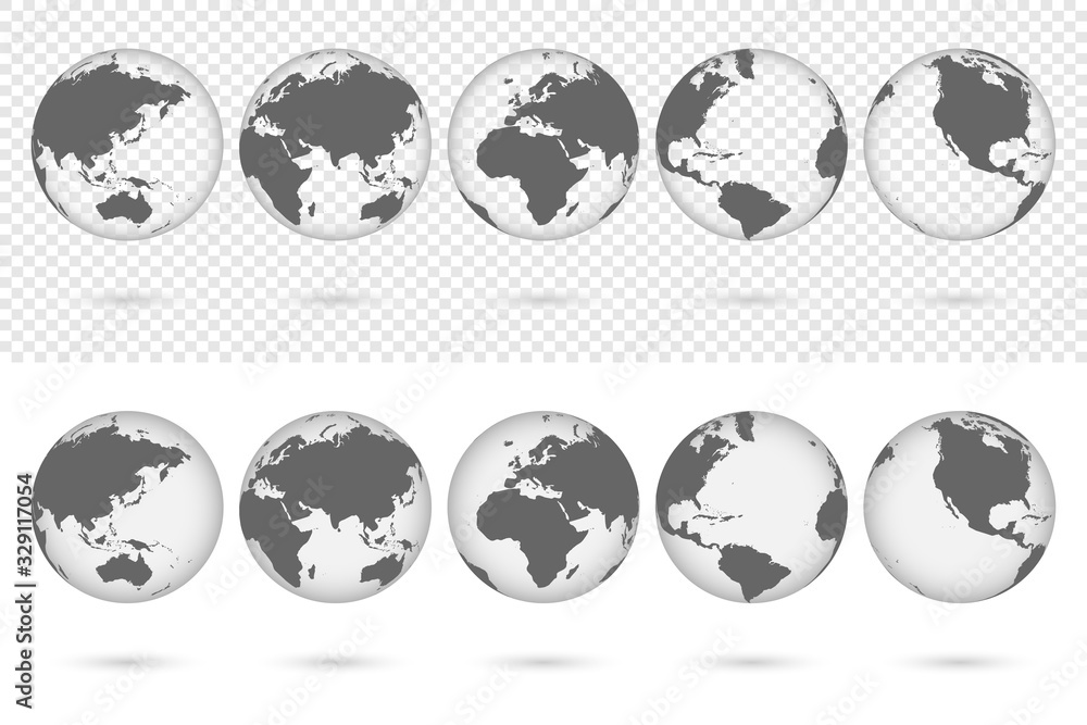 Poster Transparent Earth globes from different sides with shadow. World map globe symbols set isolated on transparent and white background. Vector illustration.