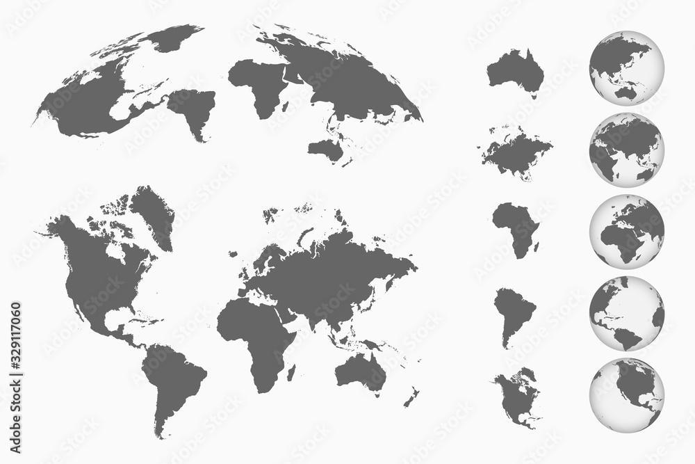 Poster world map set. earth globes from different sides, maps of continents and 3d map. vector illustration
