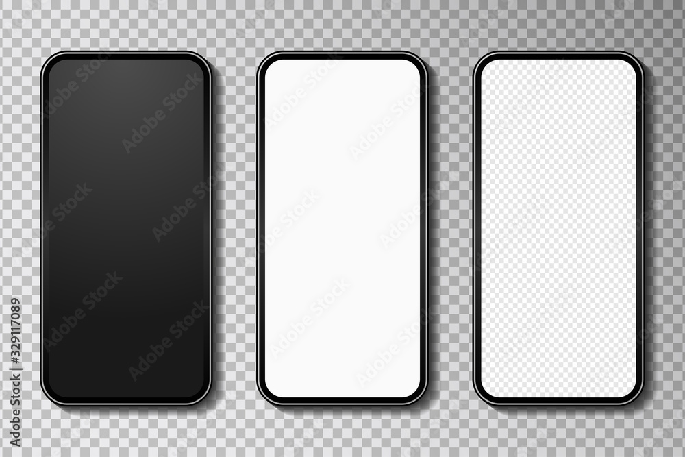 Poster realistic smartphone mockup set with white, blank and transparent screen and shadow, mobile phone wi