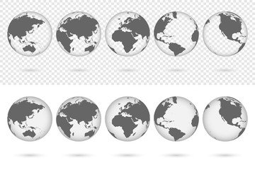 Transparent Earth globes from different sides with shadow. World map globe symbols set isolated on transparent and white background. Vector illustration.