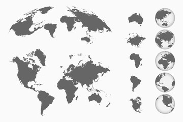 World map set. Earth globes from different sides, maps of continents and 3d map. Vector illustration. 