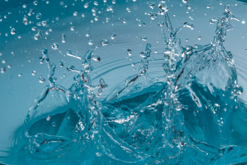 Fototapeta na wymiar Blue color water splash background.Drop of water on blue.