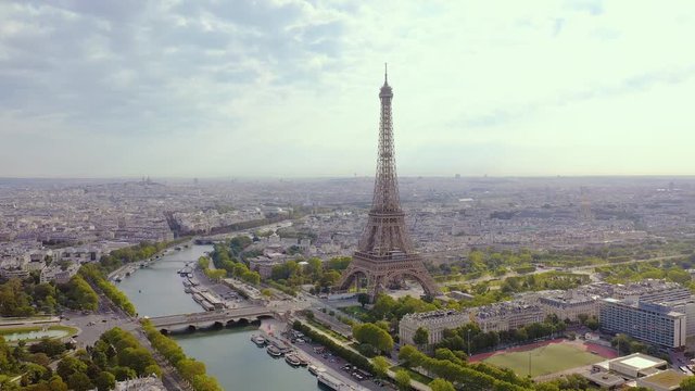 PARIS, FRANCE - MAY, 2019: Aerial drone view of historical city centre and Eiffel tower
