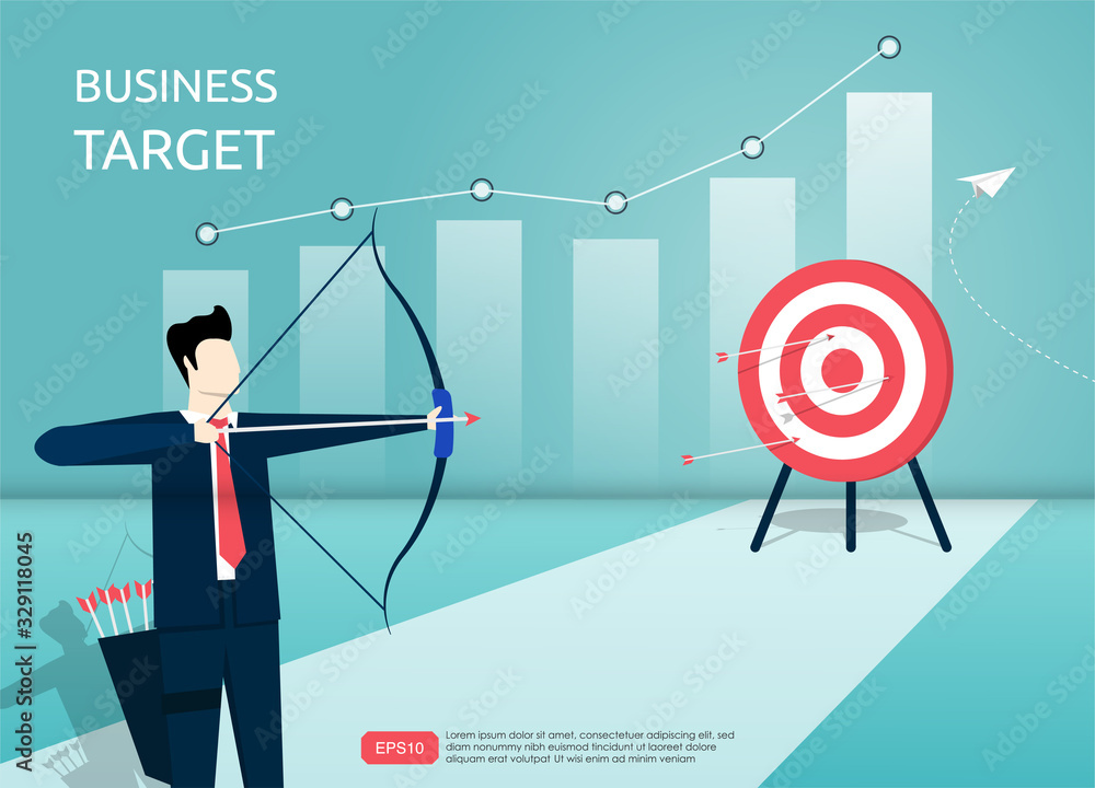 Poster businessman aiming the target with arrow. man character shooting at the target. graph and chart symb