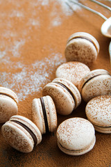 French dessert macaron powered with cocoa powder and filled with dark chocolate ganache. Macarons are on a dark background sprinkled with cocoa powder. 