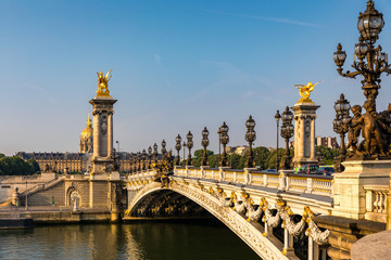Fototapeta na wymiar Pont Alexandre III bridge over river Seine in the sunny summer morning. Bridge decorated with ornate Art Nouveau lamps and sculptures. The Alexander III Bridge across Seine river in Paris, France.