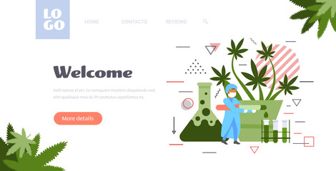 scientist in uniform analyzing cbd hemp oil extract from marijuana plant researcher working in laboratory healthcare pharmacy medical cannabis concept horizontal full length copy space vector