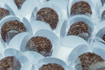 Brazilian chocolate sweet, in a white background with shallow depth of field.