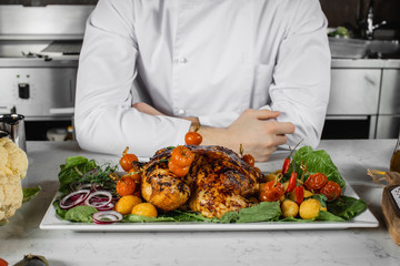 cropped photo of chef-cook in white apron with cooked meat on dish. culinary, restaurant concept