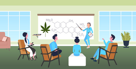 scientist presenting CBD THC cannabis hemp drug molecule for doctors team at conference meeting medical marijuana formula presentation concept full length horizontal vector illustration