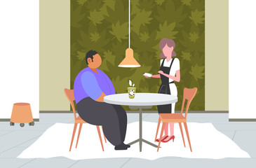 waitres taking order from man customer with cannabis coffee modern cafe shop interior marijuana legalization drugs consumption concept horizontal full length vector illustration