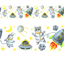 Space, seamless, decorative border. Rocket, flying saucer, satellite, Astronauts, bear hare, rabbit, planet earth,  moon. Children's watercolor illustration.Linear pattern, template for decoration