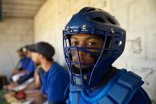 African American Baseball player looking at camera