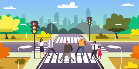 people walking on city street crosswalk urban traffic lights cityscape background horizontal full length vector illustration