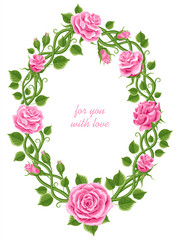 beautiful wreath of roses, leaves and bindweed. oval frame with a place for text. vector illustration, greeting card , invitation, banner