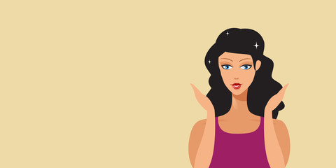 beautiful brunette girl with long curly hair professional makeup and hairstyle stylish woman horizontal portrait vector illustration