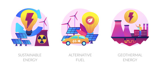 Obraz premium Eco friendly technology, environment preservation, natural resources icons set. Sustainable energy, alternative fuel, geothermal energy metaphors. Vector isolated concept metaphor illustrations
