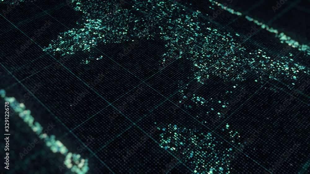 Poster abstract continents formed by rows of tiny cells with crossed straight lines flowing on black backgr