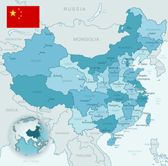 Obraz premium Blue-green detailed map of China and administrative divisions with country flag and location on the globe. Vector illustration