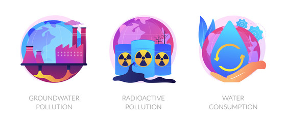 Aqua contamination. Natural resources wasting. Nuclear damage. Groundwater pollution, radioactive pollution, water consumption metaphors. Vector isolated concept metaphor illustrations