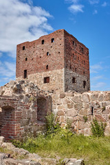 Fototapeta na wymiar Ruins of Mantel tower in Hammershus castle - Scandinavia's largest medieval fortification.