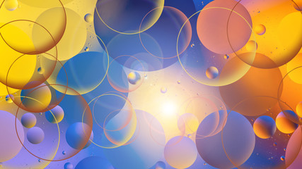 bright oily drops in water with colorful background, close-up 