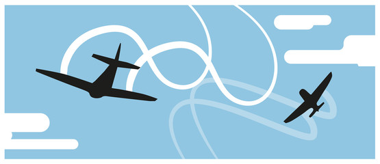Black silhouettes of jet airplanes doing stunts in the sky. Transportation, acrobatics. Vector illustration.