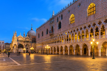 Fototapeta na wymiar Piazza San Marco at sunrise, Vinice, Italy. Doges Palace (Palazzo Ducale) on Saint Mark square at sunrise, Venice, Venezia, Italy, Europe