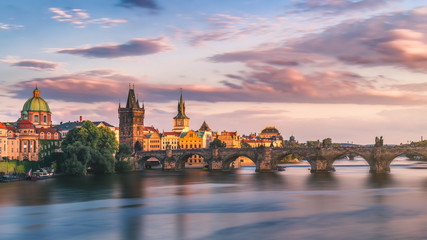 Famous iconic image of Charles bridge, Prague, Czech Republic. Concept of world travel, sightseeing...