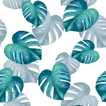 Watercolor drawing. Seamless pattern with turquoise, blue-green Munster leaves. For textiles, cover art , poster and card, pillowcases.