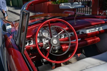 Deurstickers Close-up of stering wheel in a vintage car, Fusterlandia, Jaimanitas, Playa, Havana, Cuba © klevit