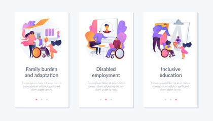 Handicapped people support and rehabilitation flat icons set. Social adaptation of disabled people, disabled employment, inclusive education metaphors. Mobile app UI interface wireframe template.