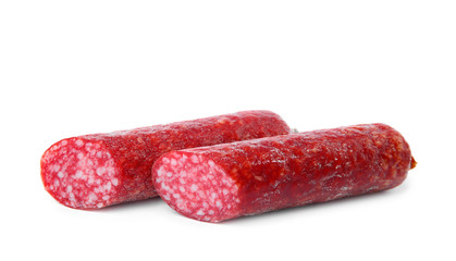 Tasty cut sausage on white background. Meat product