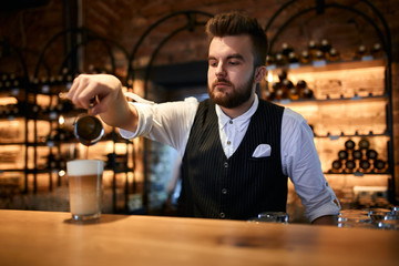 young barista working at coffee shop, close up photo. lifestyle, interest. pastime.Step by step skills , tips of coffee making