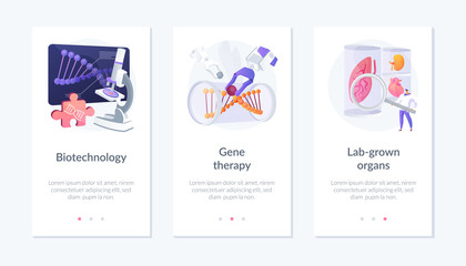 Biomedical and molecular engineering, dna molecule analysis, scientific experiment. Biotechnology, gene therapy, lab-grown organs metaphors. Mobile app UI interface wireframe template.