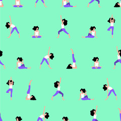 Seamless pattern yoga for women, young girl doing exercises, flat design, vector illustration
